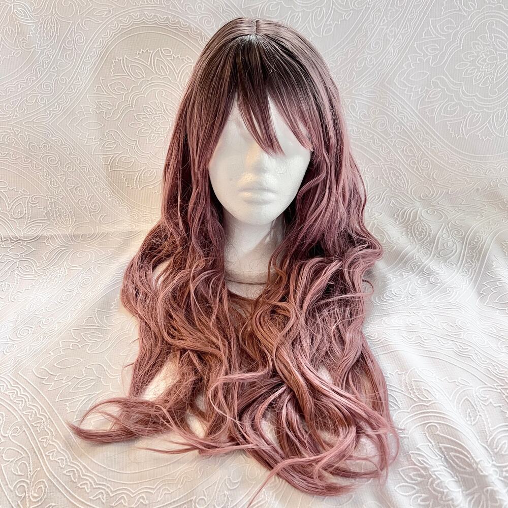 Long Wavy Rose Pink Dark Roots Ombre Balayage Everyday Cosplay Wig Trimmed bangs